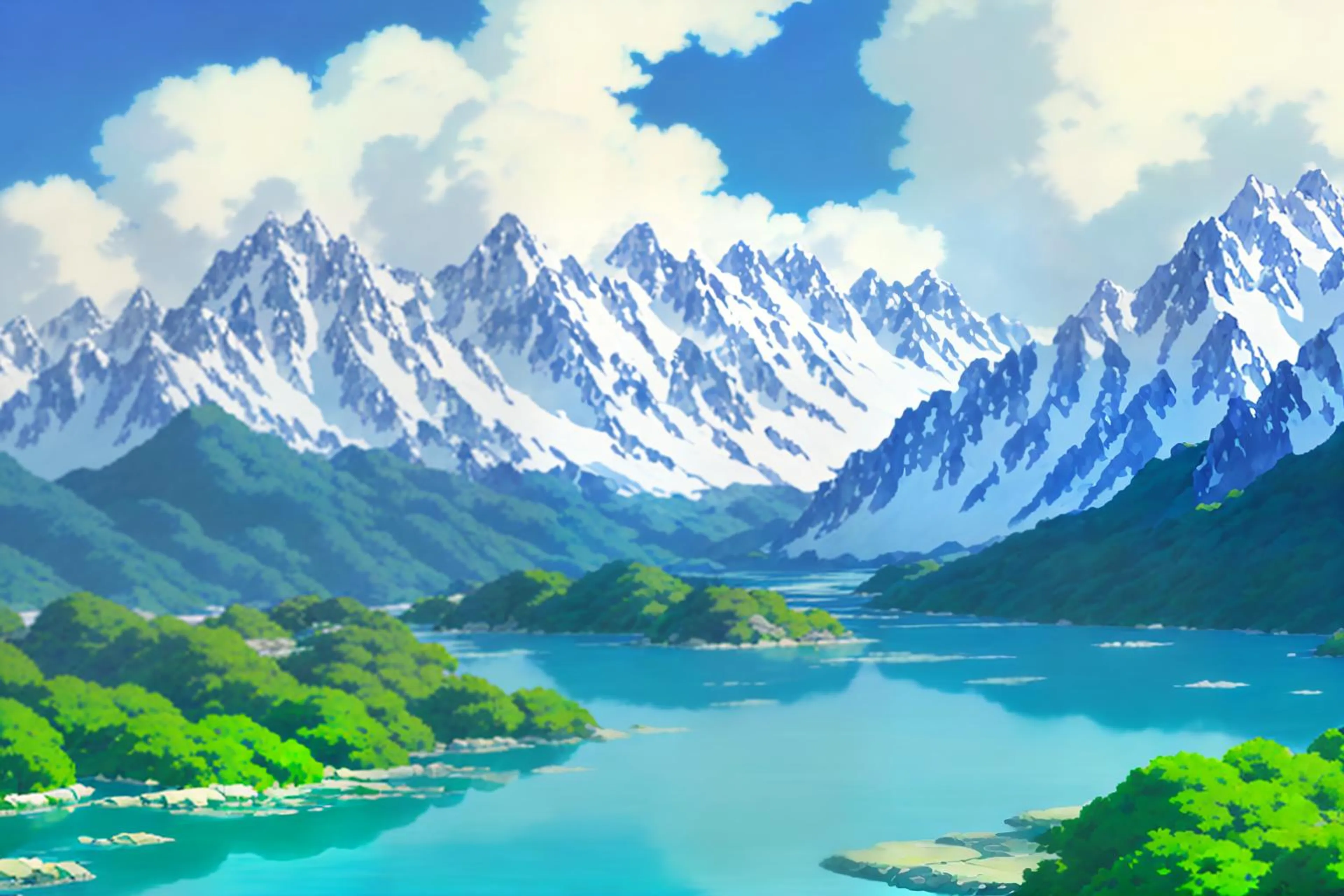 Example of a Ghibli style image showing a peaceful countryside landscape
